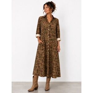 Hibiscus Linens Floral Print Shirt Dress XS Oversized Cotton Midi Long‎ Sleeve